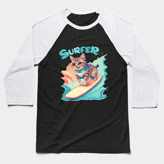 Surfer Cute Cat Summer Fun Baseball T-Shirt by PetODesigns